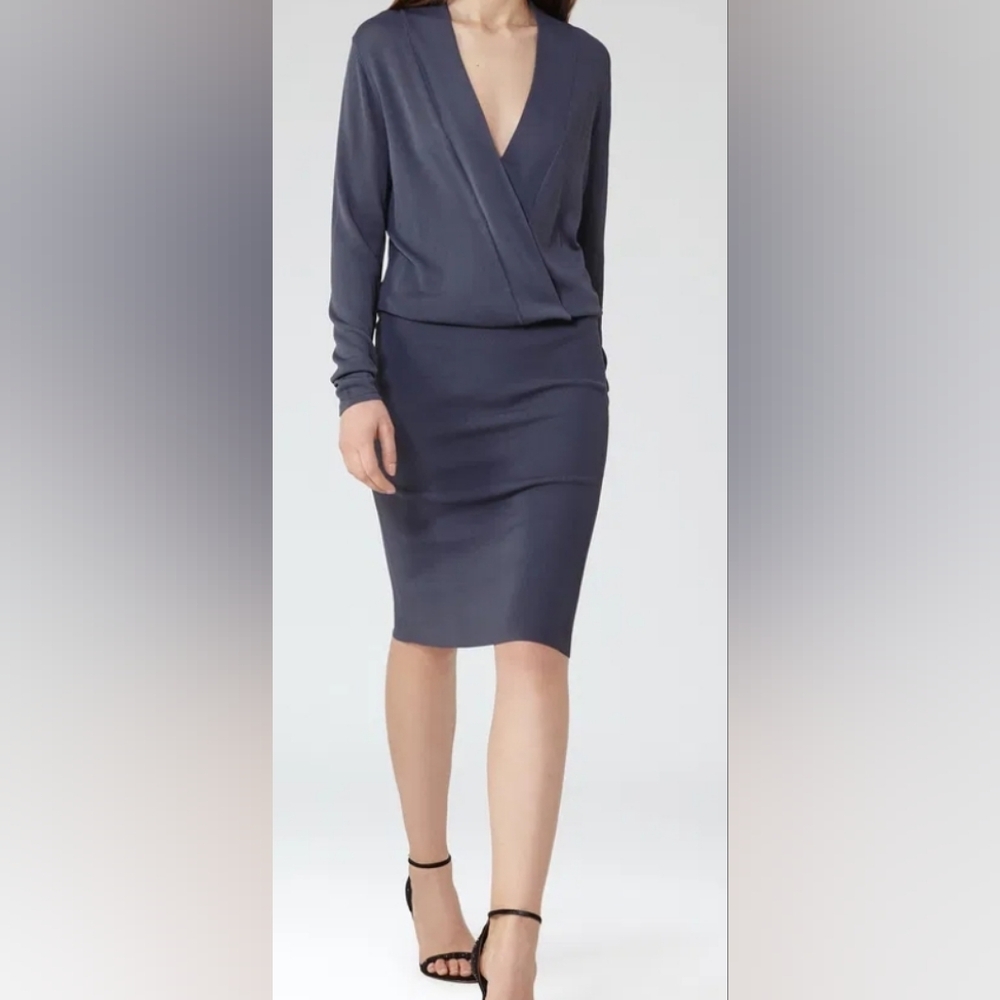 Reiss Lisbeth Shadow Grey Faux Wrap Dress Knit Pencil Size 6